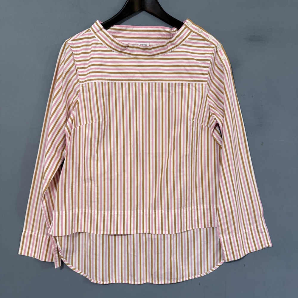 NWT J Crew 100% Cotton Striped Funnel Neck Blouse Wide Sleeve Top Pink Bronze 8